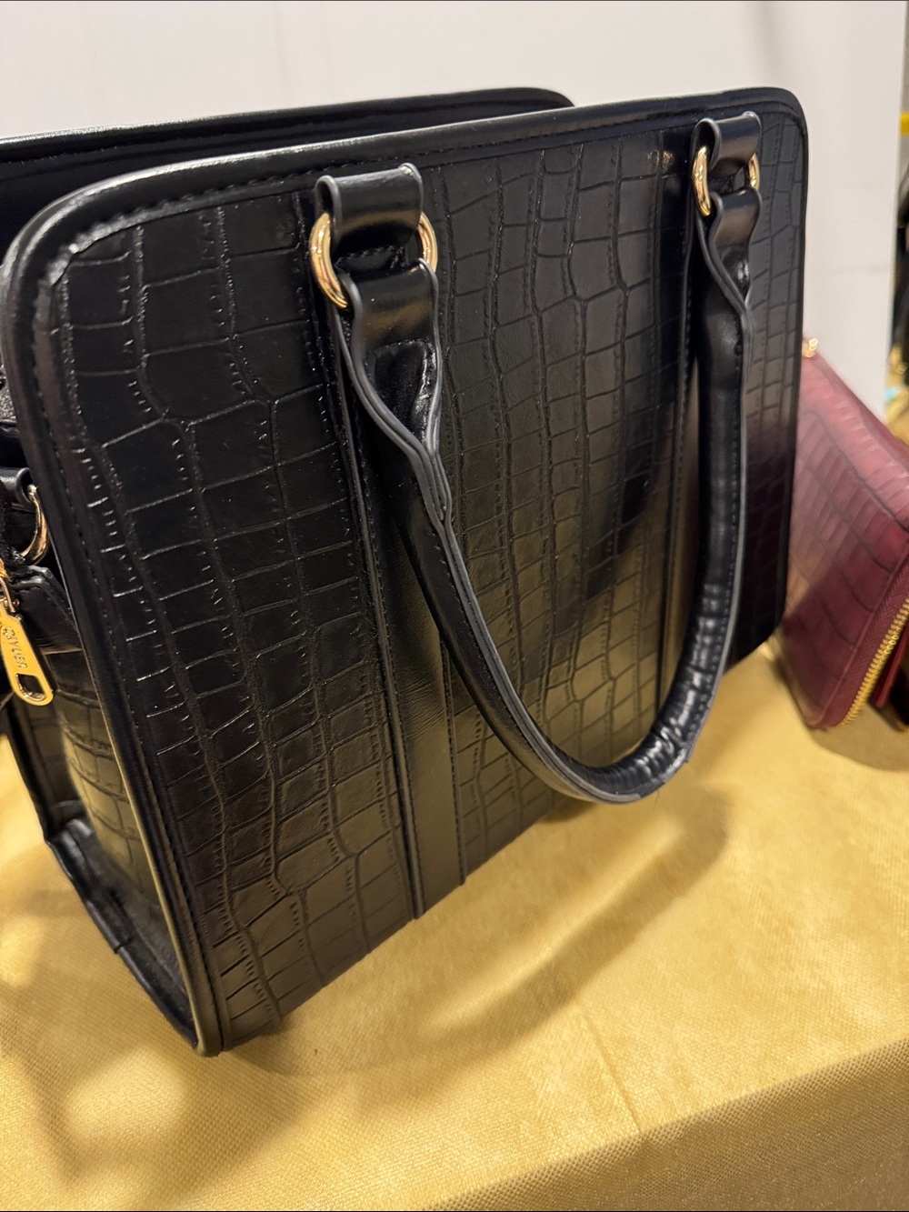 Croc-Embossed Black and Burgundy Satchel with Gold Accent Matching Billfold - Picture 4 of 14